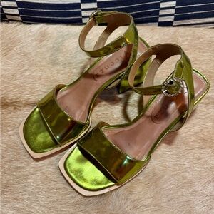 Vibrant Green Metallic Block Heel Sandals